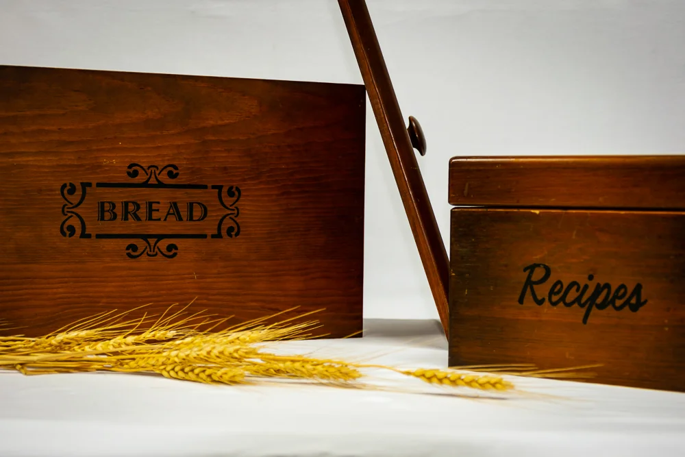 Vintage wooden bread box and vintage wooden recipe box
