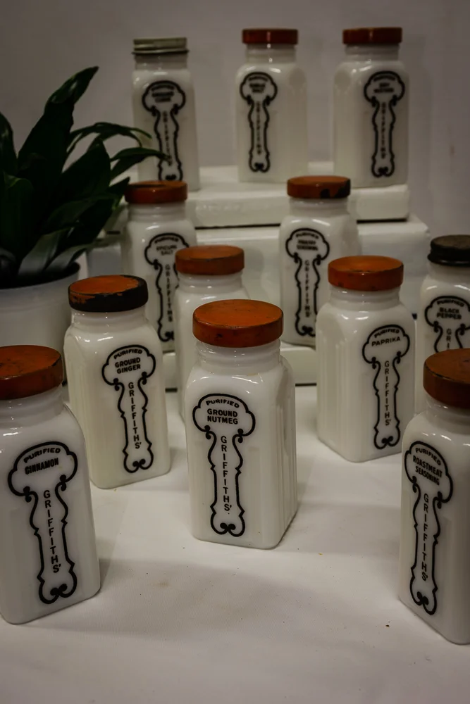 Vintage milk glass Griffith Lab spice jars
