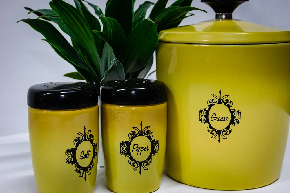 Vintage grease container and salt & pepper shakers