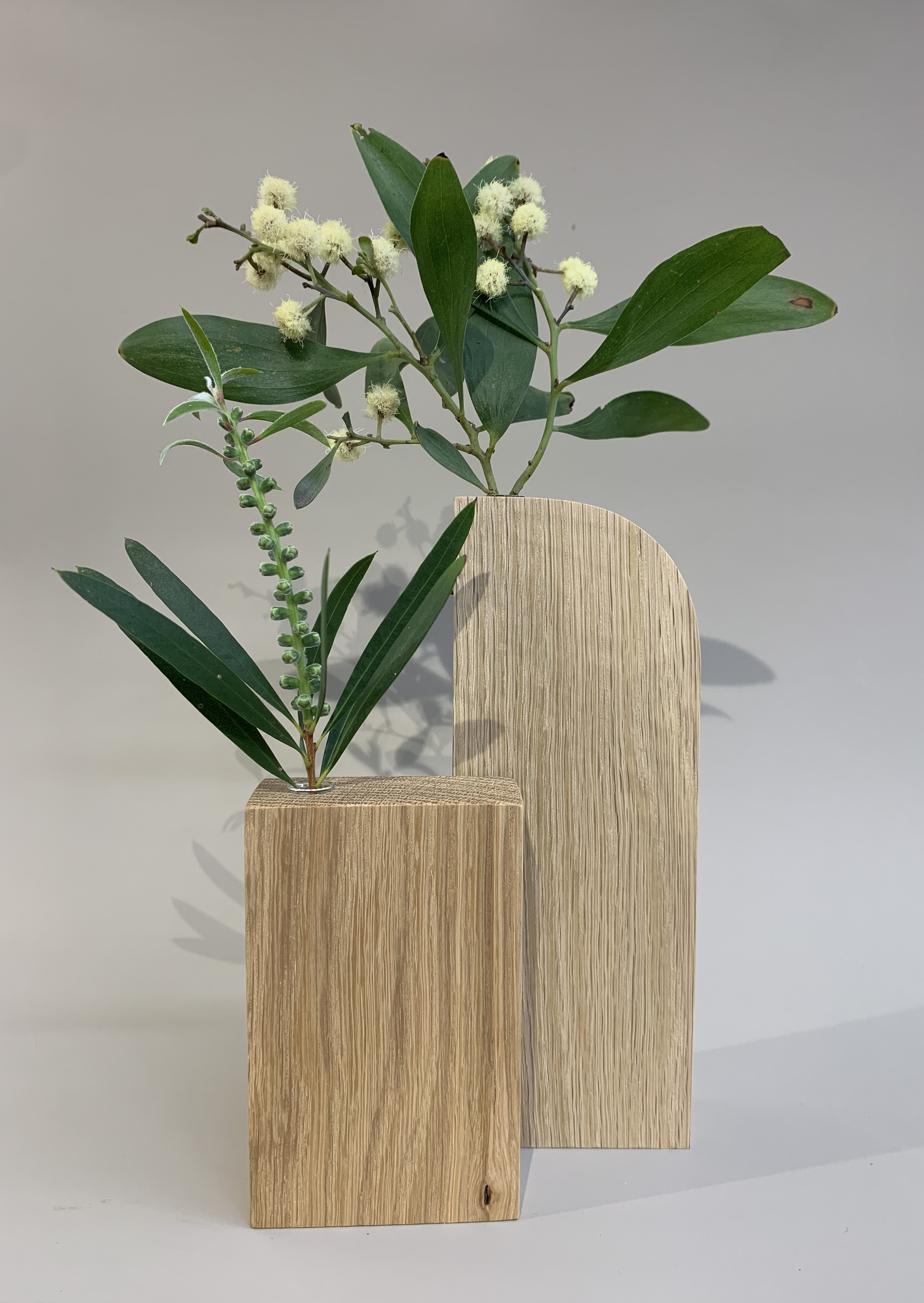 Bloku set // large arch vase and small rectangular vase in white oak