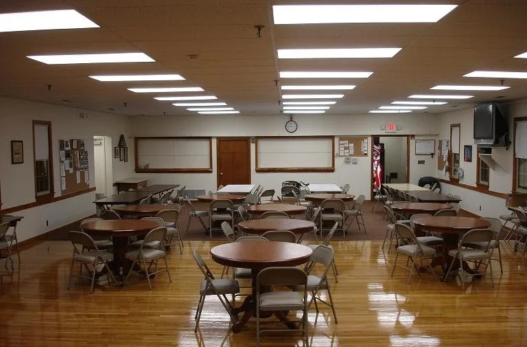 View of OCSA function hall looking out from stage.