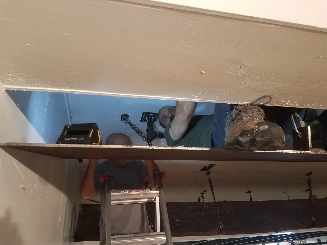 Richard spent about 2.5 hours in here reattaching the ceiling while Bob, Dean, and Dale cut and supported the effort from outside. Many thanks Richard for the outstanding effort.