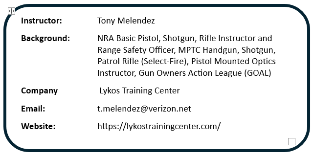 Contact information card for instructor Tony Melendez, background info on firearms training, company name, email, and website for Lykos Training Center.