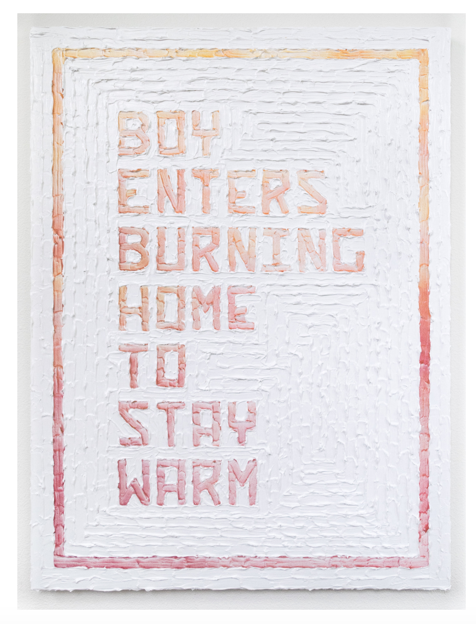 Boy Enters Burning Home to Stay Warm . Acrylic and enamel on canvas. 2017.