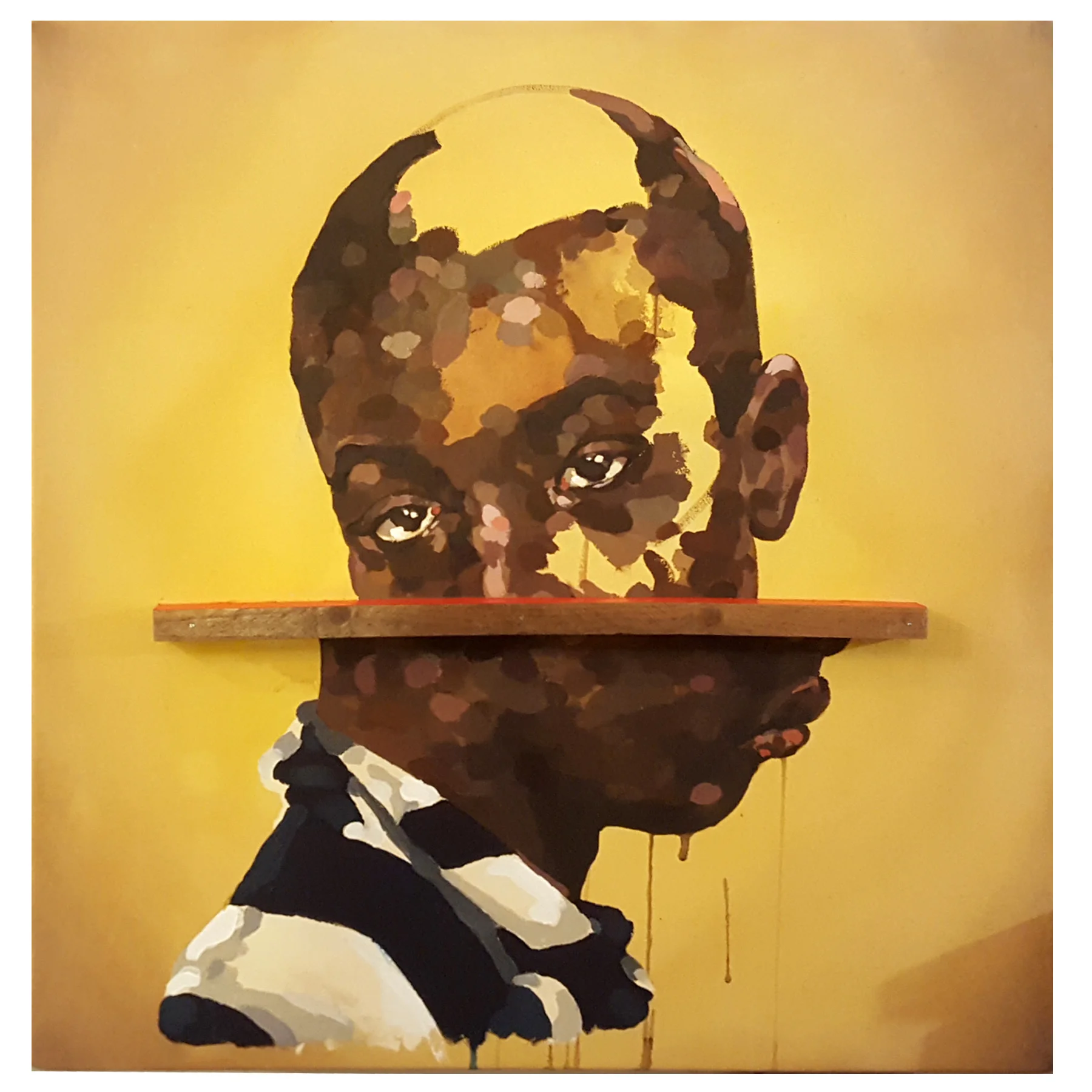 JUNIUS , acrylic & canvas w/ found wood, 2017