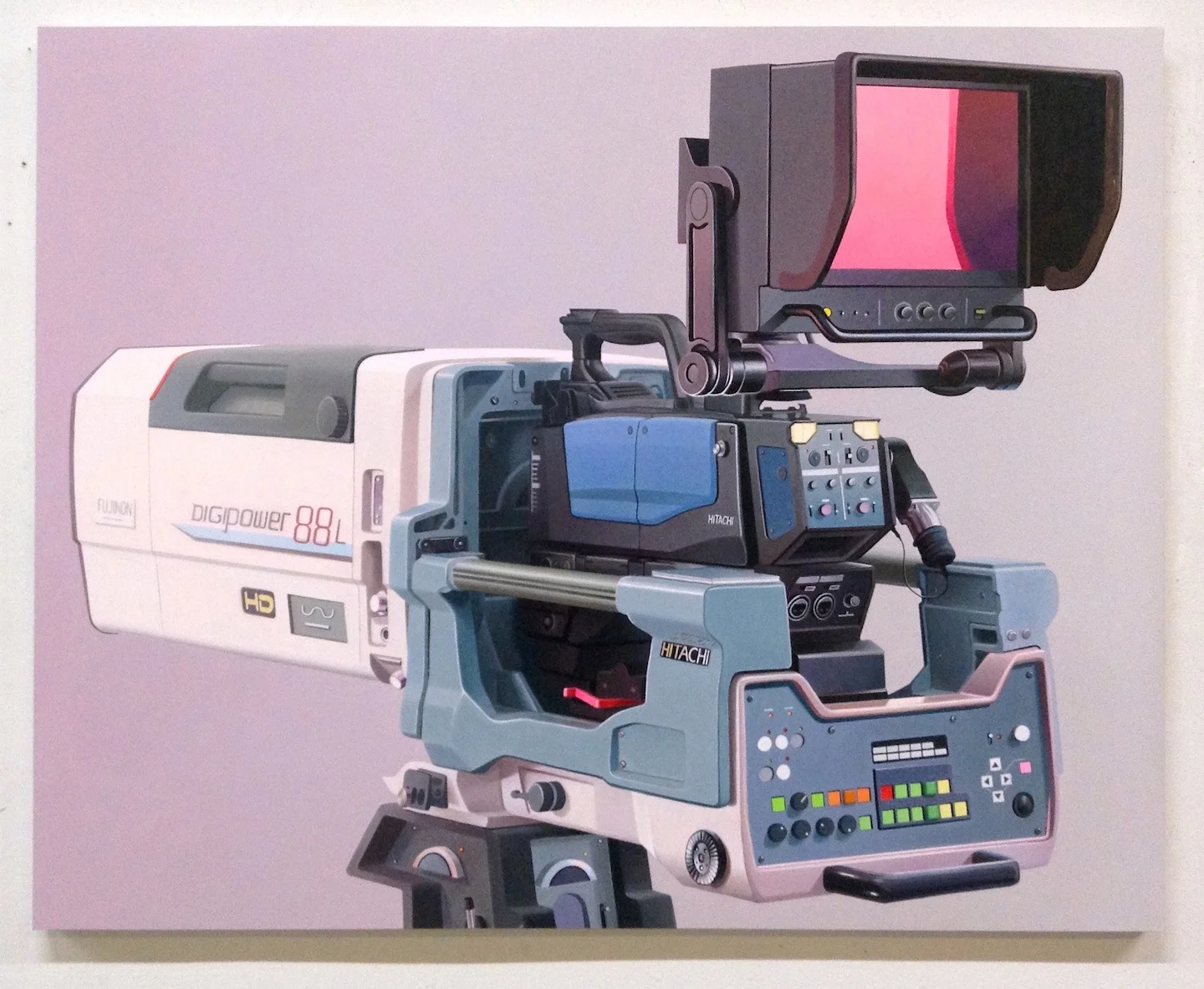 Untitled (white, light blue and magenta camera) , oil on panel, 2019