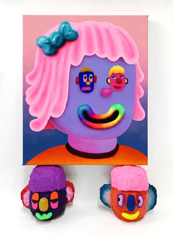 Add me on Myspace , acrylic and airbrush on canvas resting on 2 heads, acrylic and foam clay on hard coated EPS, 2019