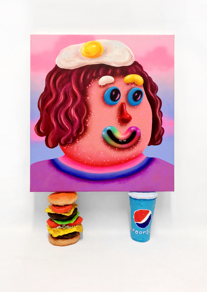 Spice Gurl , Acrylic and airbrush on canvas resting on Burger and Poopsi Coke, 2018