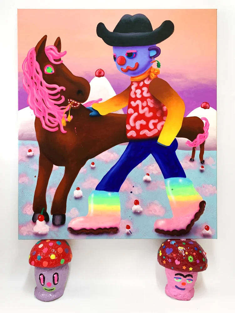 Spruce Nauman , Acrylic and airbrush on canvas, stickers on canvas sides, mushroom sculptures (acrylic, stickers, play doh, and resin on hard-coated PU), 2019