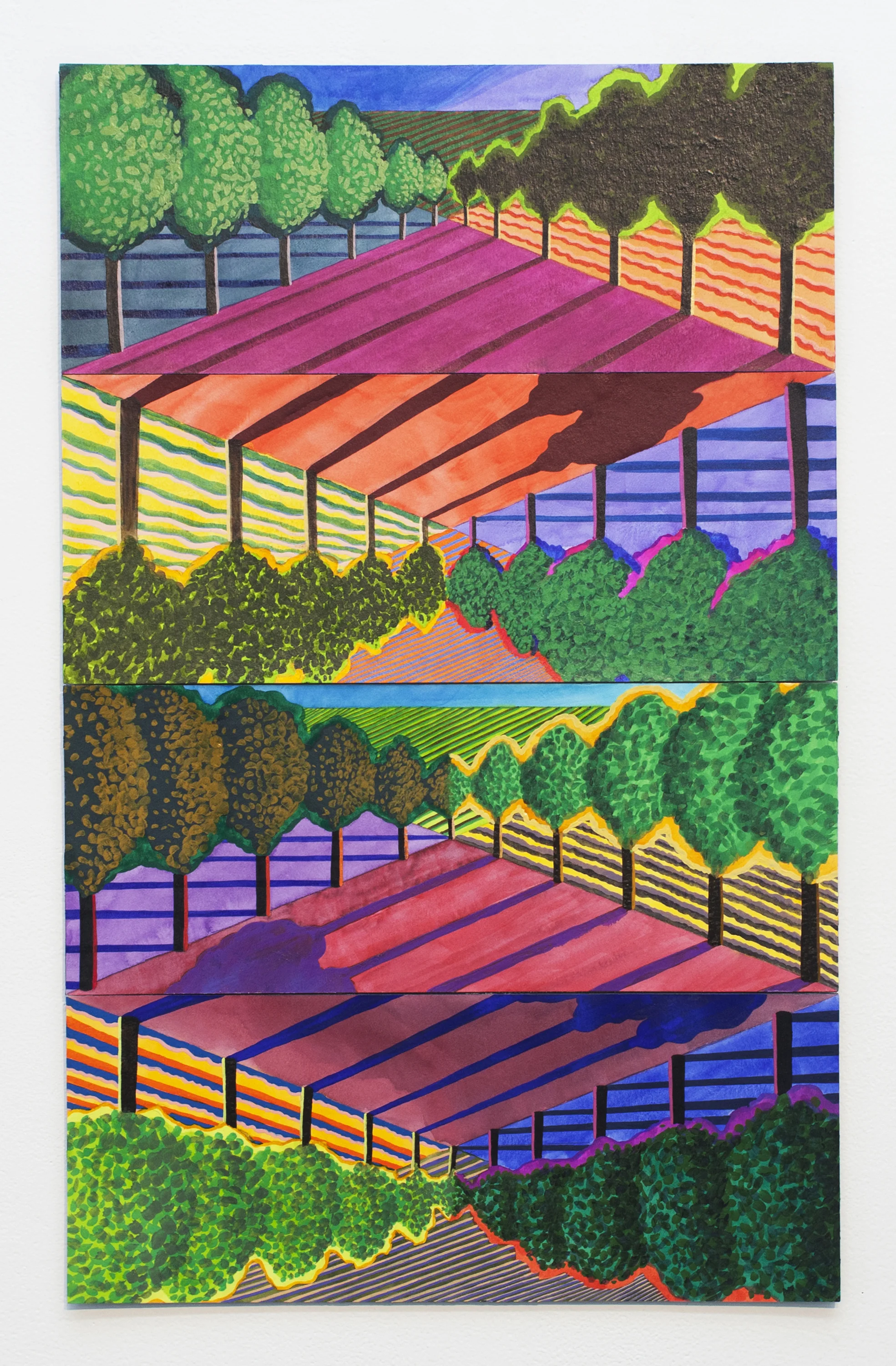 Tree-lined Vanishing Point , watercolor and gouache on paper mounted on board, 2013