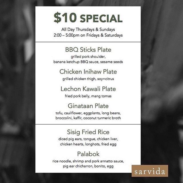All Day Thursdays and Sundays, rice plates and main plates are $10! On Fridays and Saturdays, $10 Special is available 2-5PM. Available for pick up only. Order on our website! Regular menu available for delivery on Doordash and Grubhub.