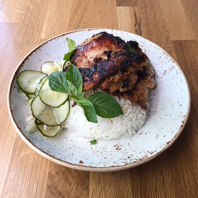 Chicken Inihaw- grilled chicken thigh served with white rice and atchara (pickled cucumber, carrot and fennel). $10 until 5PM today!
