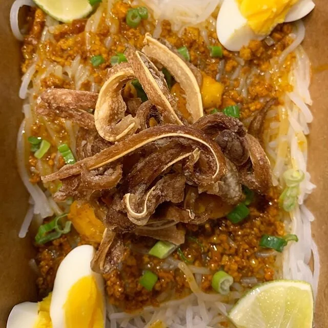 Palabok plays off the classic Asian flavor combination of pork and shrimp. Our version kicks up the umami with bonito flakes. Perfect with a squeeze of lime. $10 from 2 to 5pm today! (Chef Lou&rsquo;s lunch almost everyday!)