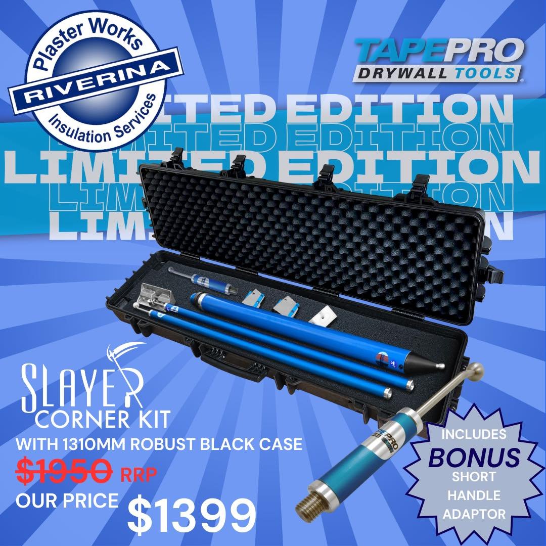 🔥 LAST 2 SLAYER CORNER KITS! DON'T MISS OUT! 

🛠️ Available now at Riverina Plaster Works! Drywall Tool's Limited Edition Tapepro Slayer Corner Kit &mdash; everything you need to finish internal corners fast! 

This all-in-one kit includes a compou