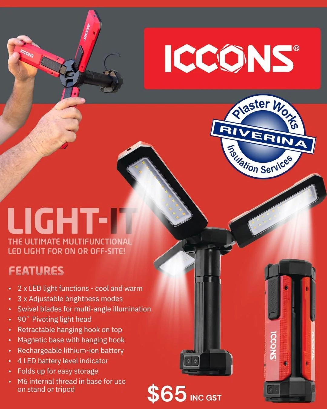 Good lighting = better results! 🔦

The Light-It makes on site work easier, bright, reliable illumination right where you're working. In stock now at Riverina Plaster Works! 

#RiverinaPlasterWorks #RPW #ICCONS #LightIt