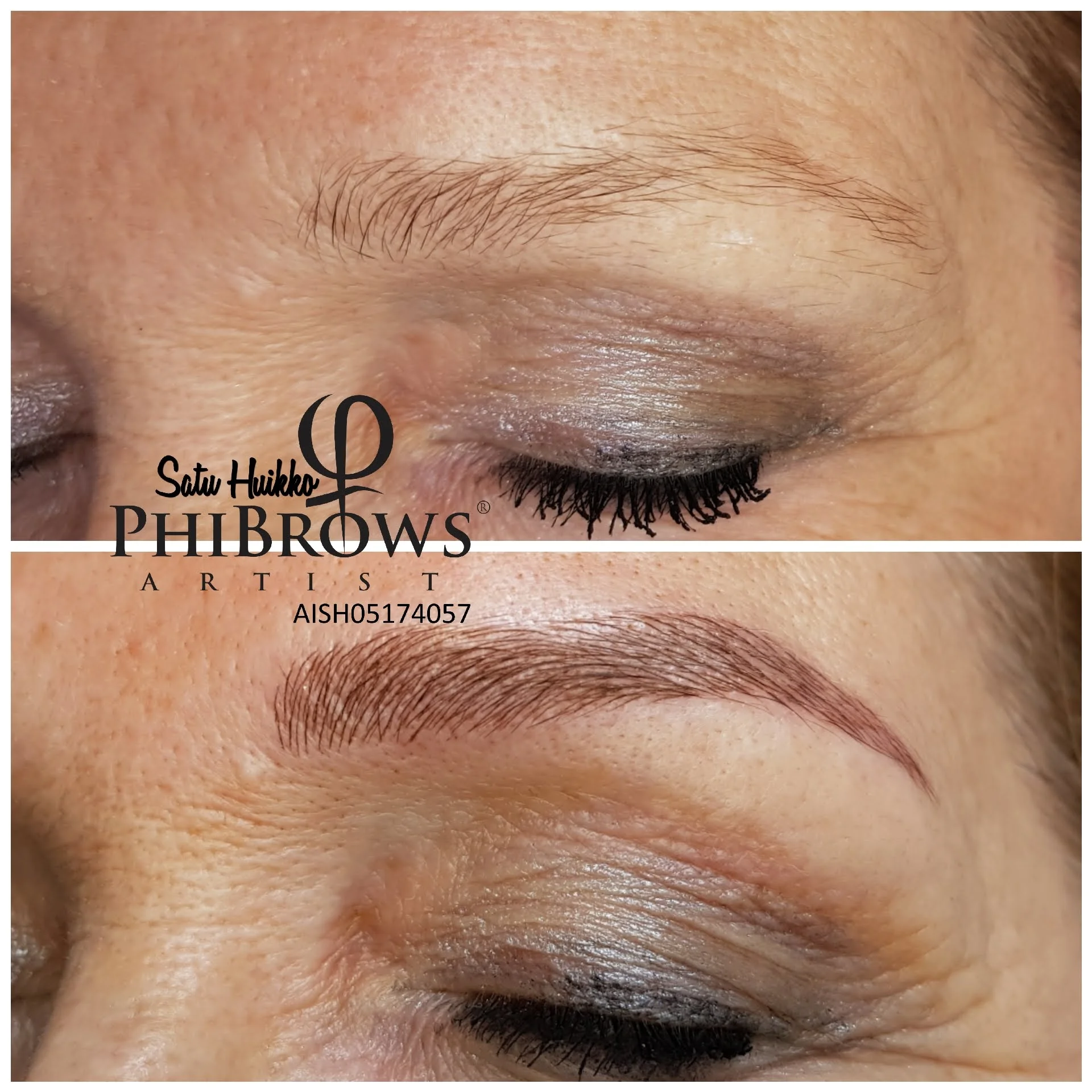 Kulmapigmentointi microblading -tekniikalla heti ensimmäisen käsittelyn jälkeen. Vaaleat pigmentointisävyt näyttävät helpommin lämpimiltä heti työstämisen jälkeen verrattuna tummiin väreihin. Parantuessaan kulmien väristä tulee kylmempi ja se on lähellä asiakkaan luonnonkarvan väriä