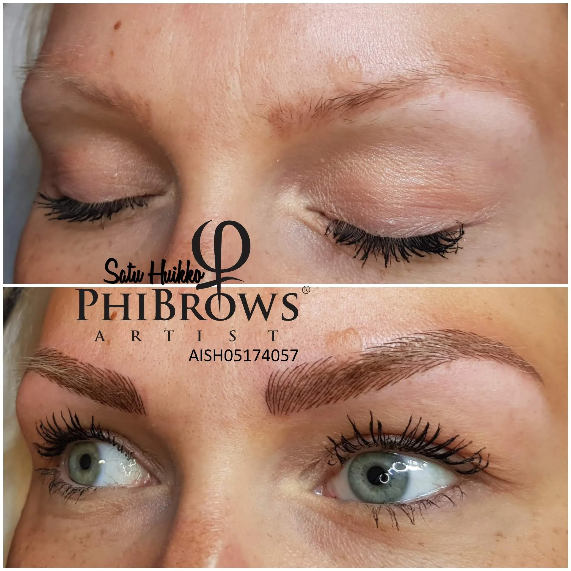 Kulmapigmentointi microblading -tekniikalla. Asiakkaalla on luomi, jonka vuoksi pigmentointiin jätettiin aukko. Asiakkaan edellinen kulmapigmentointi oli muuttunut punertavaksi huonolaatuisen pigmentointivärin vuoksi.