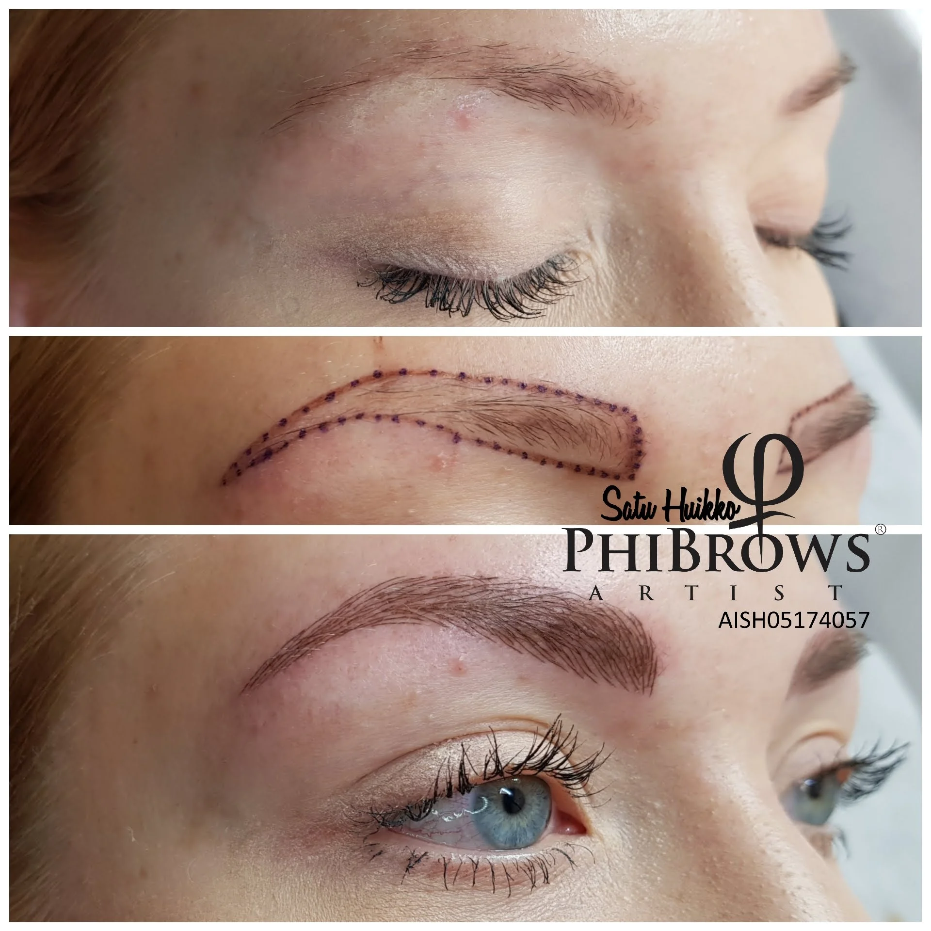 Epäonnistunut kulmapigmentointi korjattiin microblading -tekniikalla. Tällainen korjaus vaatii aina kaksi käsittelykertaa. Keskimmäisessä kuvassa suunnitelma muodosta kynällä piirtäen.