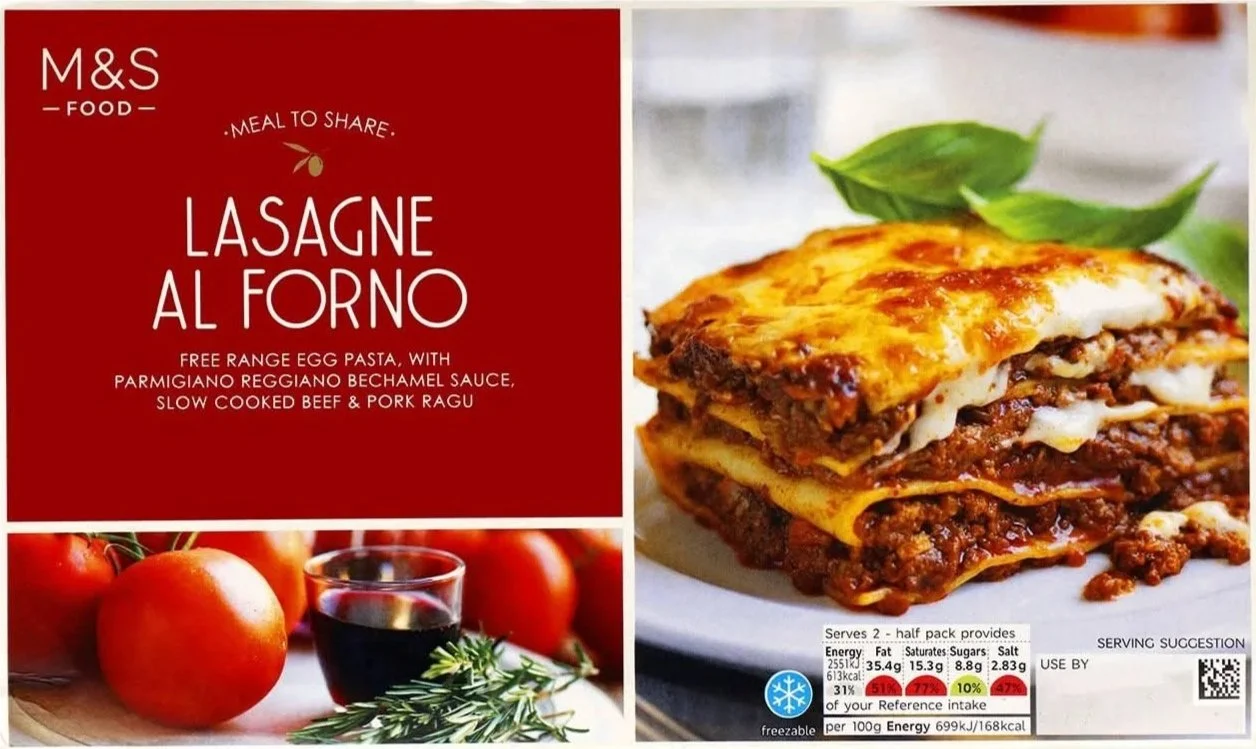 Marks &amp; Spencer lasagne ready meal packaging copy
