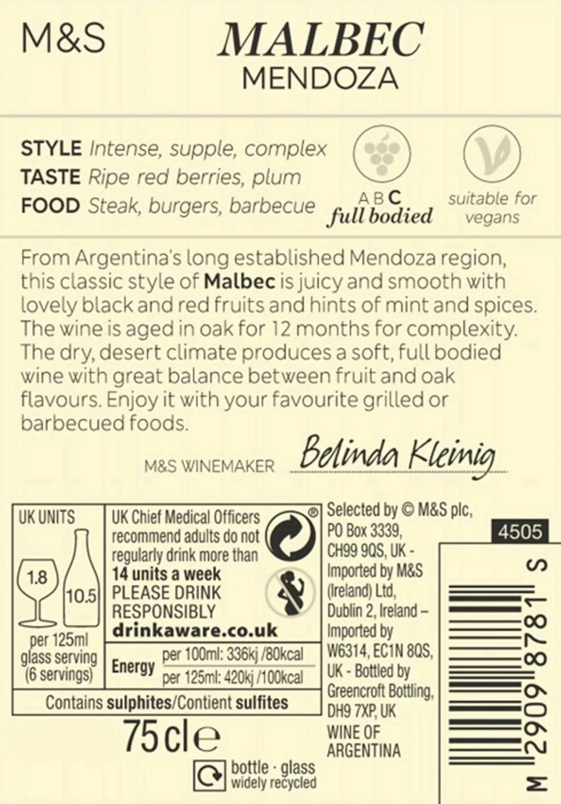 Marks &amp; Spencer Malbec Mendoza back label copywriting