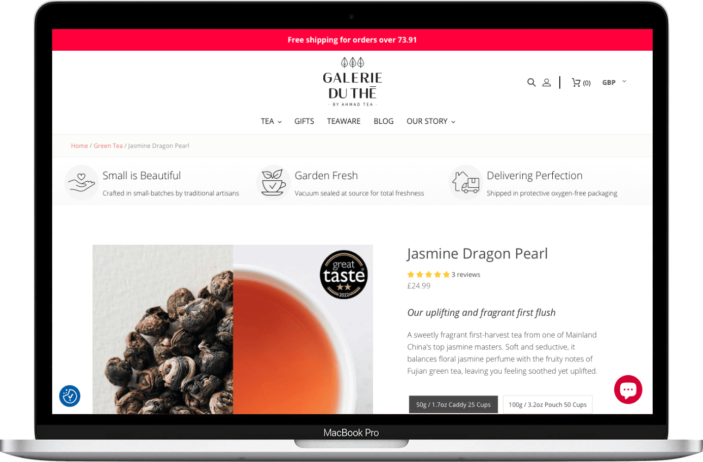 Galerie du Thé jasmine dragon pearl product page by William Thomas