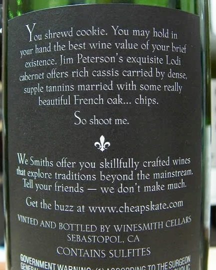 Cheapskate Cabernet back label - an example of wine copy that knows its audience