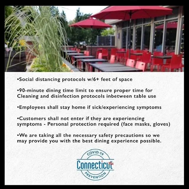 Patio is open starting today! Taking Reservations 203 880 5973 Call Now! Menu will be available online and one time use menus as well! Table and Chairs are clean and disinfectant before and after guest are seated!
3:30PM - 8:30PM