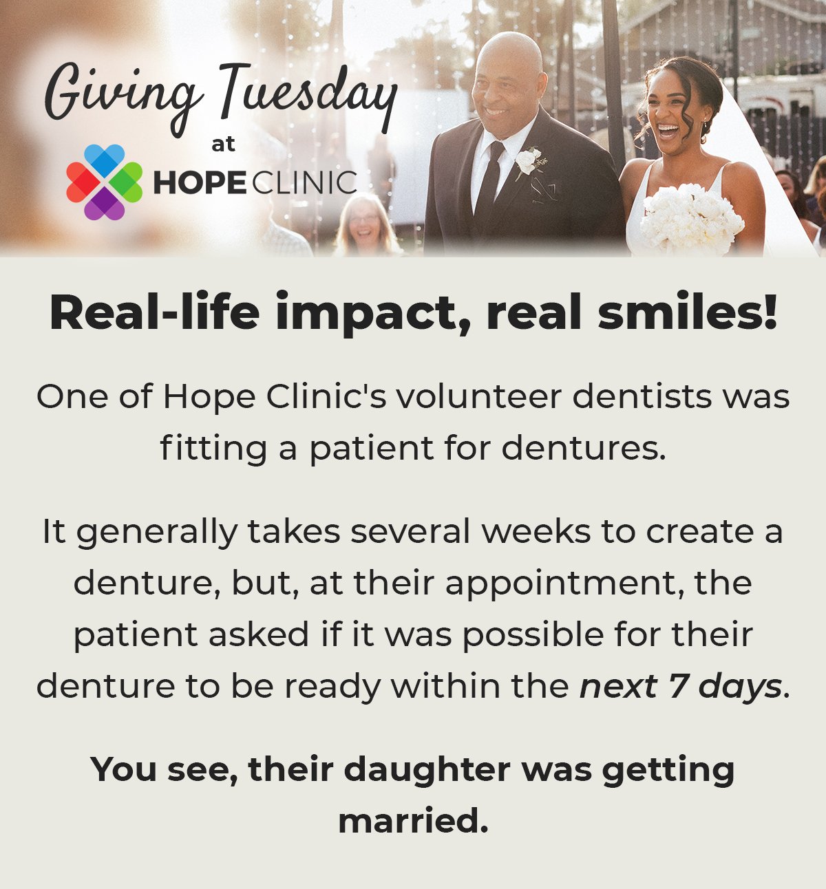 One of Hope Clinic’s volunteer dentists was fitting a patient for dentures. It generally takes several weeks to create a denture, but at their appointment, the patient asked if it was possible for these dentures to be ready in the next seven days. Y