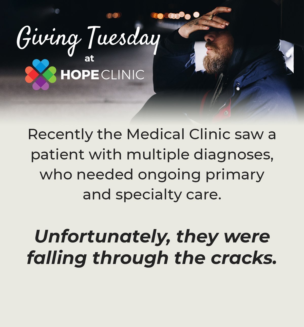 Recently the medical clinic saw a patient with multiple diagnoses, who needed ongoing primary and specialty care. Unfortunately, they were falling through the cracks. They didn't quite qualify for Medicaid, but couldn't afford private insurance ei