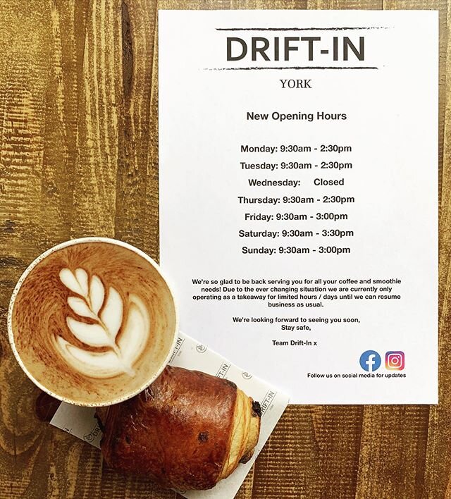 Thanks for all your support over the last week! 😀🙌☀️
.
We are extending our opening times slightly this week and serving freshly baked pastries from 9:30am 🤤🥐
.
.
.
Stay safe!
#driftinyork #painauchocolat #mocha #latteart #supportsmallbusiness #y