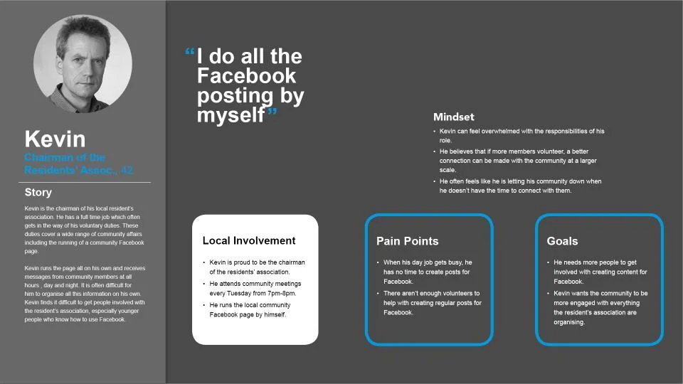 Persona of a residents association member gathered from interviews and shadowing meetings with residents associations