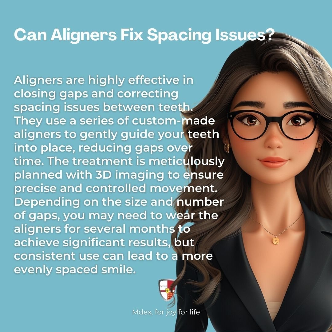 Aligners are highly effective in closing gaps and fixing spacing issues between teeth. Through a series of custom-made aligners, your teeth are gently guided into place, reducing the gaps over time. The treatment is meticulously planned using 3D imag
