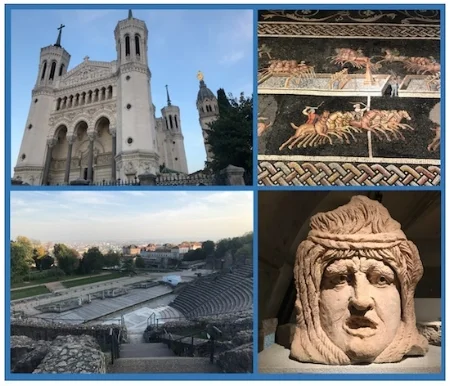 Lyon, France (anticlockwise from top left: Basilica Notre Dame, Roman amphitheater, mosaic and statue head from Lugdunum Museum of Gallo-Roman Artefacts.