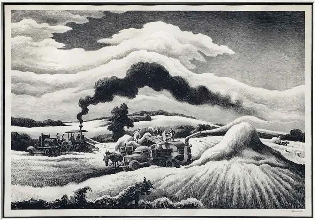 Threshing (1941) by Thomas Hart Benton will be one of the lithograph prints on display September 2–7.