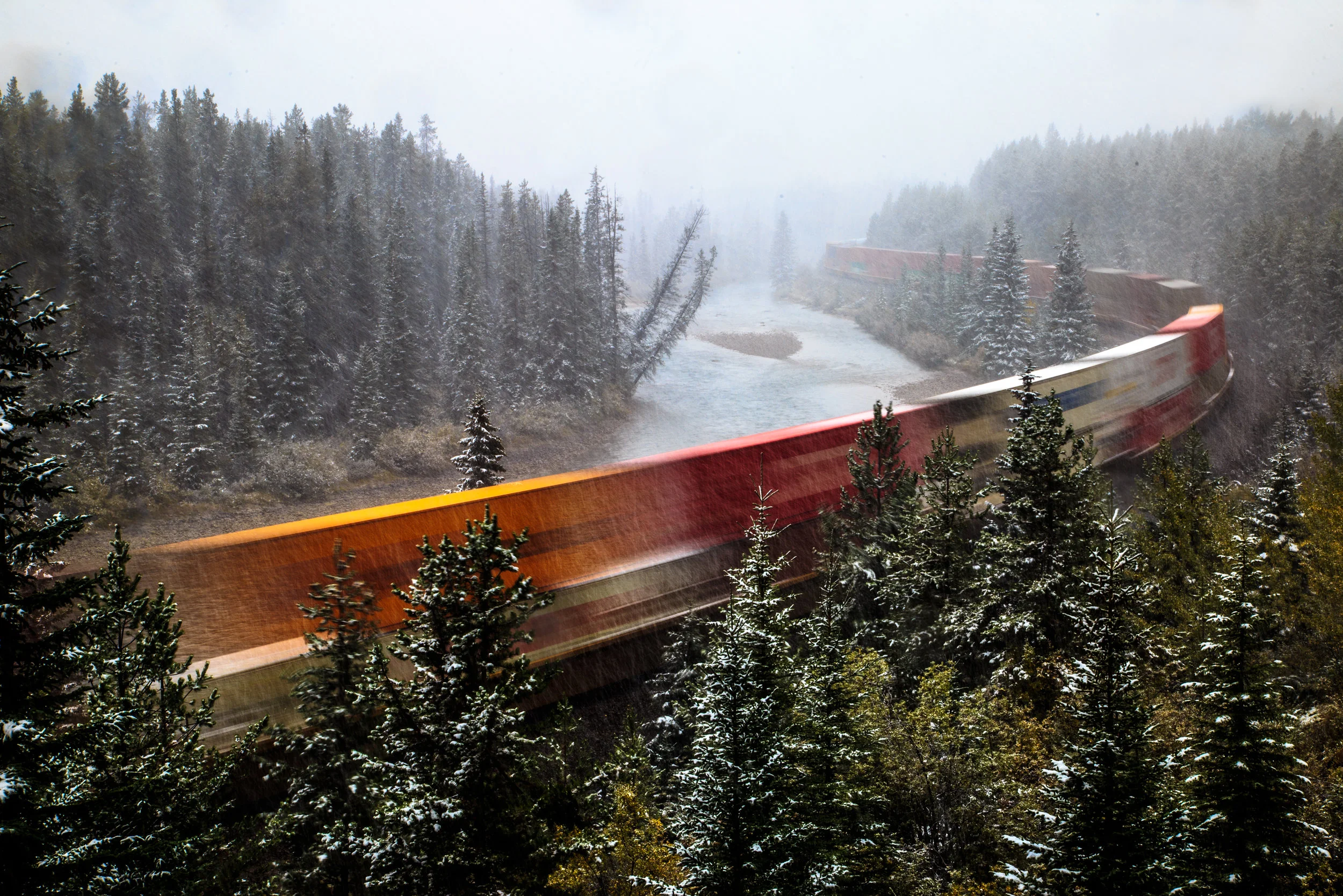 Morant's Curve Canada, train in mountains, pine trees, canadian pacific, landscape photography, landscape photography to buy, landscape photography for sale, photos of mountains, rocky mountains