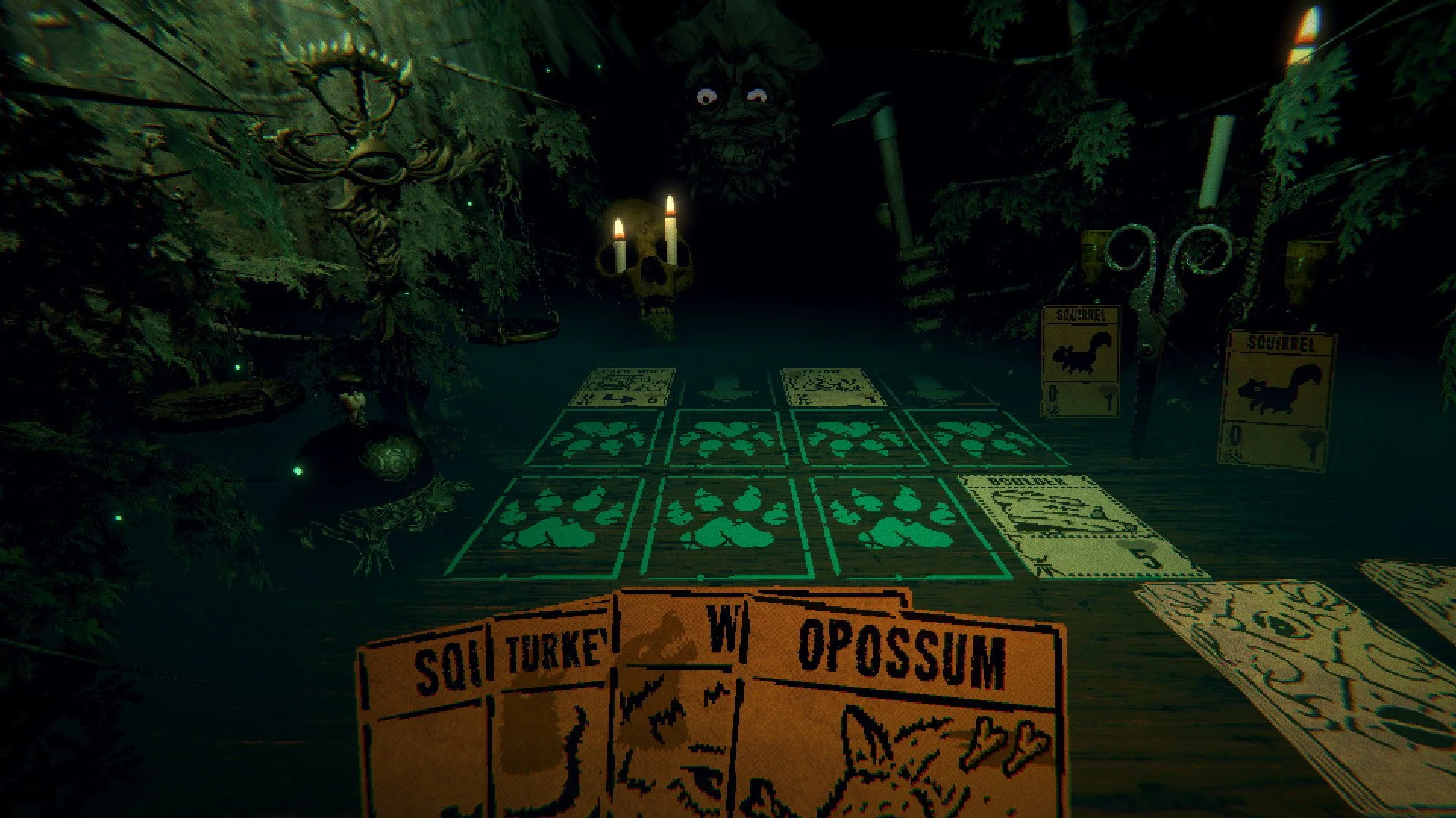 screencap from Inscryption. A first-person POV of a person holing a hand of cards with animals on them, across a table where a pair of unsettling eyes watches them in shadow.