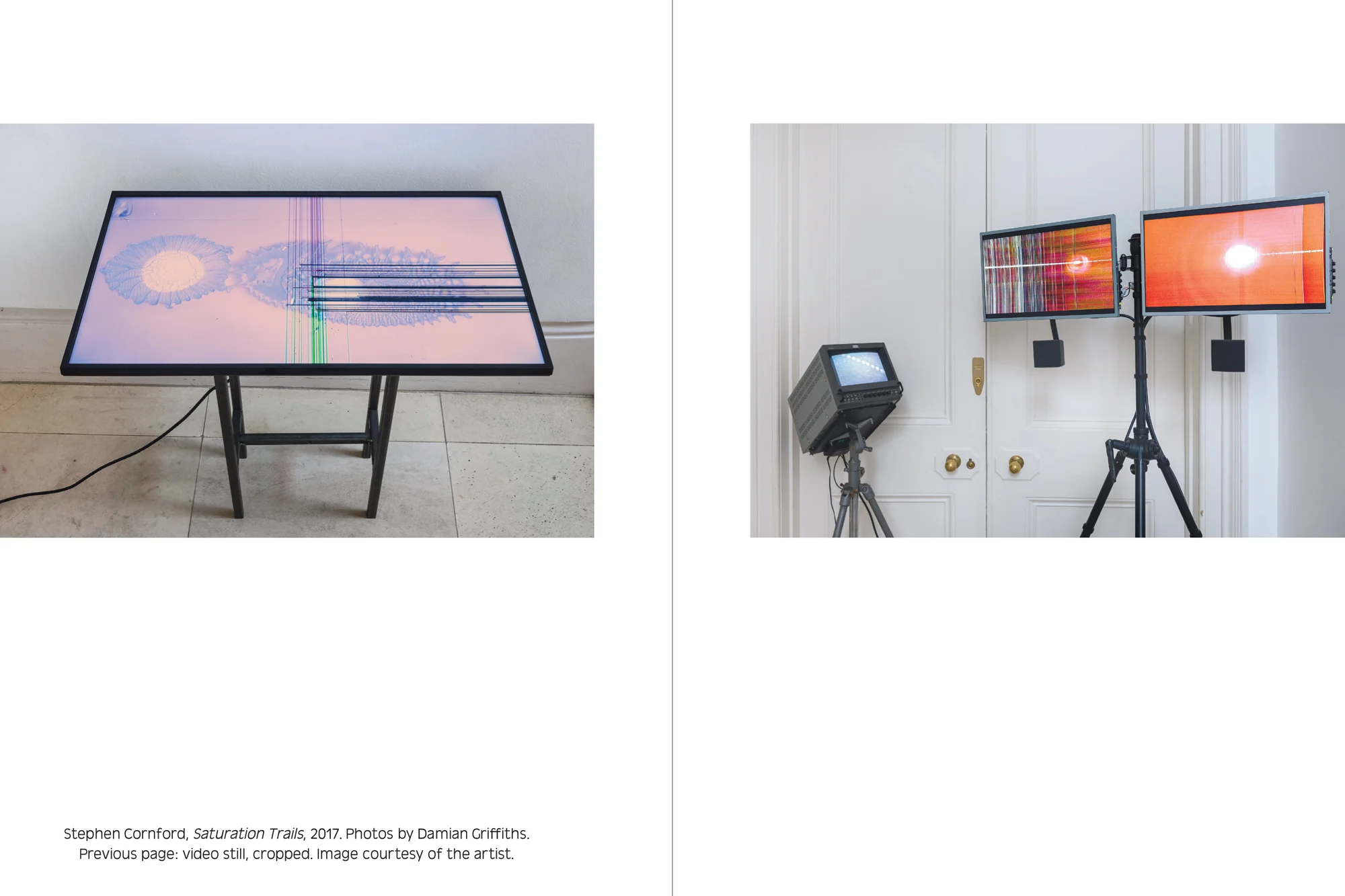  Photo of inner book pages: Stephen Cornford,  Saturation Trails , 2017. Installation view:  Emotion + the Tech(no)body , Austrian Cultural Forum London, 2017. Photos by Damian Griffiths. 