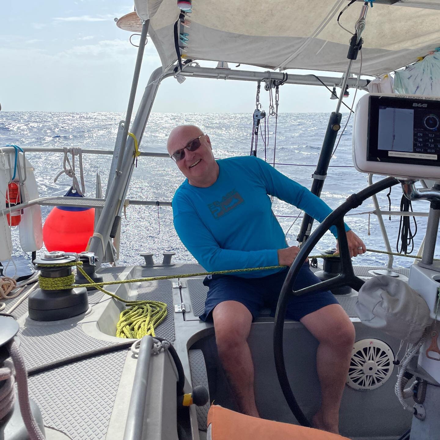 Sailing across the Atlantic has been a family adventure! Here is Papa Bert trimming the spinnaker on passage from Bermuda to Horta, Azores. Since we had four adult sailors on board we could be more aggressive with our sail plan. It was a luxury and w