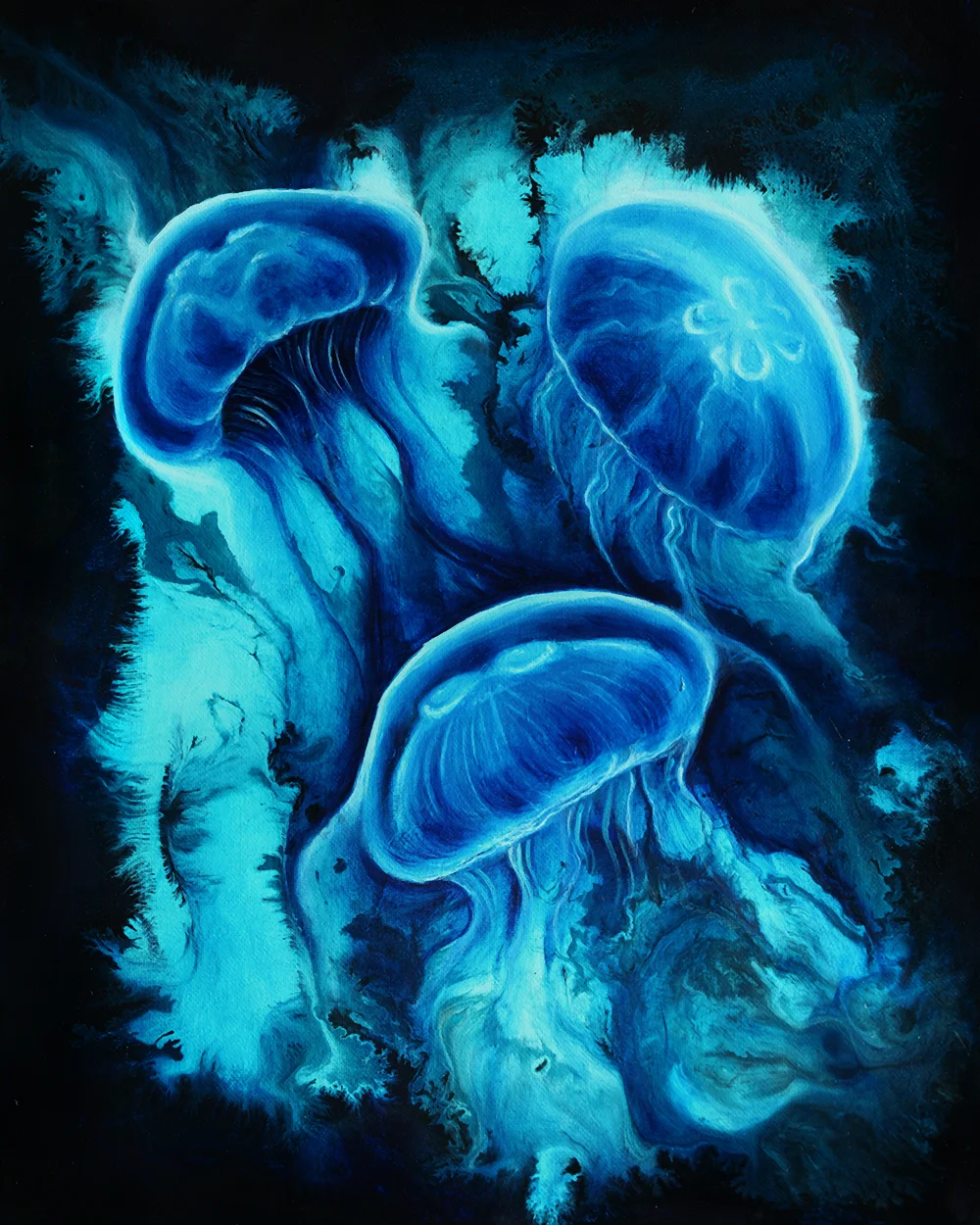 Surreal Blue Jellyfish Art - Contemporary Oil Painting by Danielle Trudeau, Winnipeg Artist