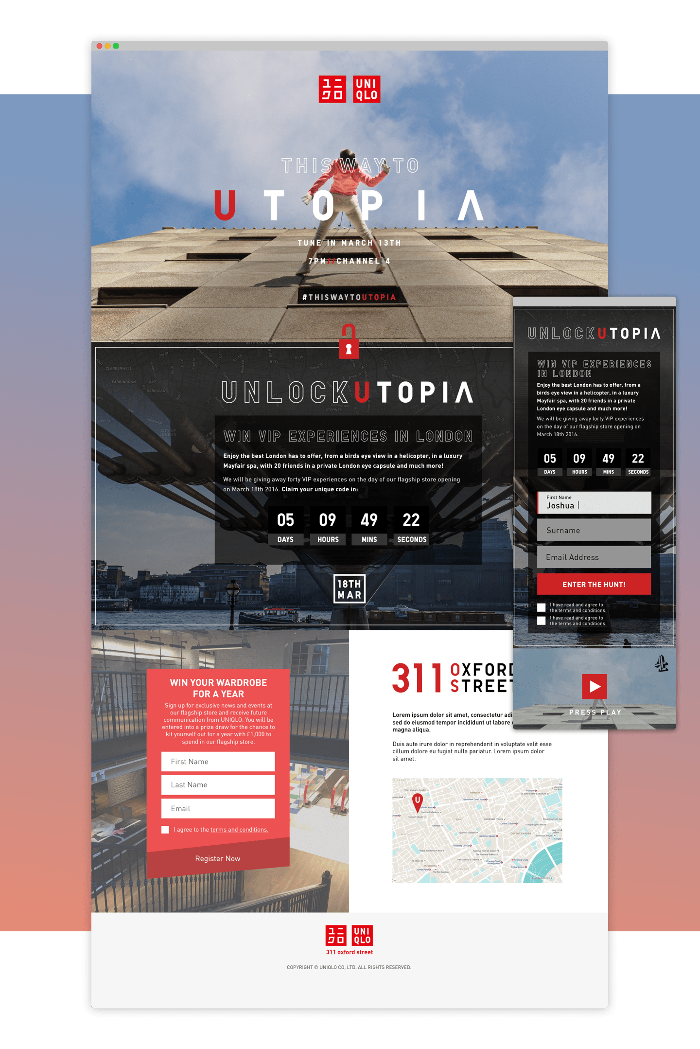  Utilising the wider campaign's&nbsp;artwork across the campaign pages in a way that showcased the TV advert as well as the promotional suite featuring the 6 campaign ambassadors shot by Rankin.   I branded an identity for Unlock Utopia inspired by t