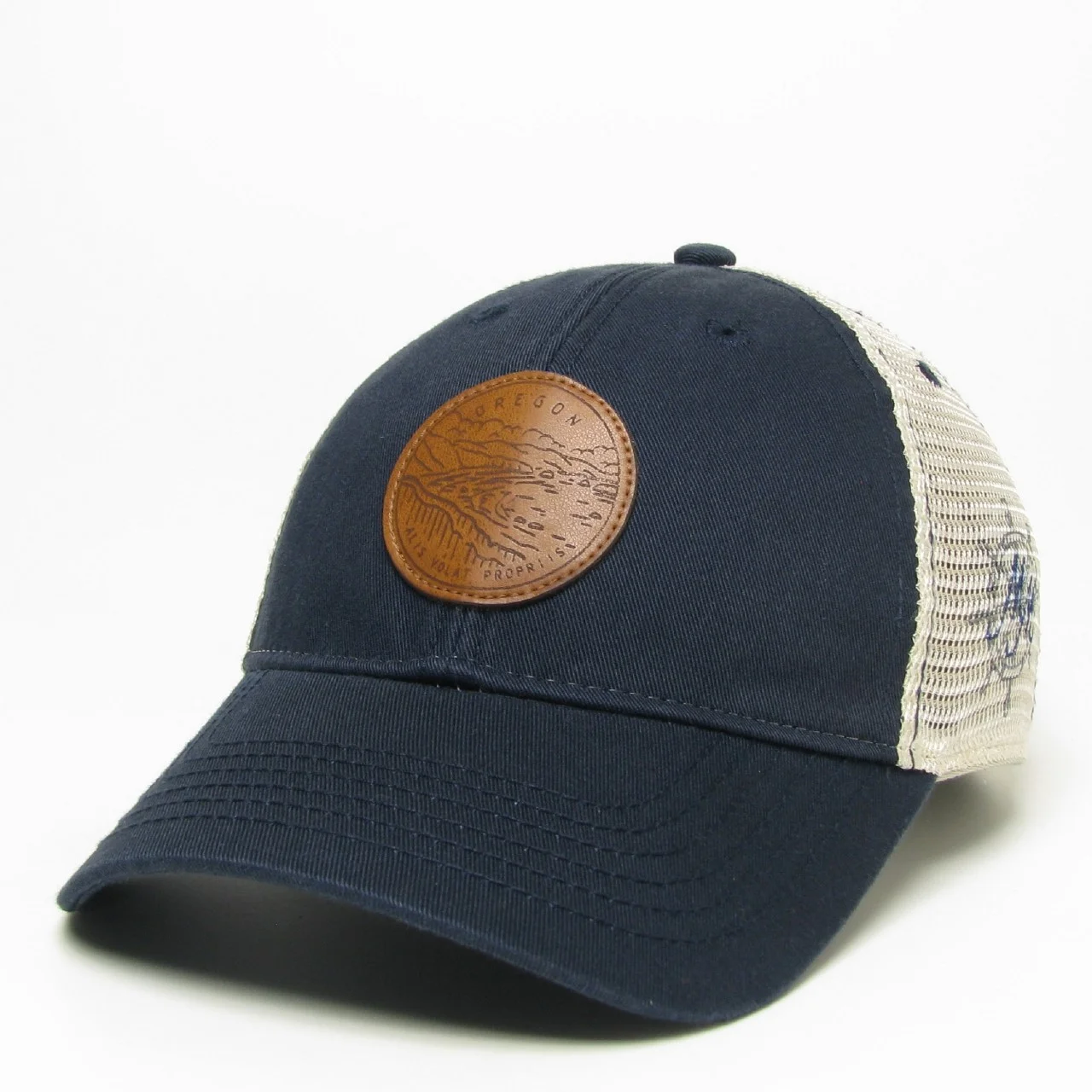 Navy "Oregon Motto" Hat with brown leather patch