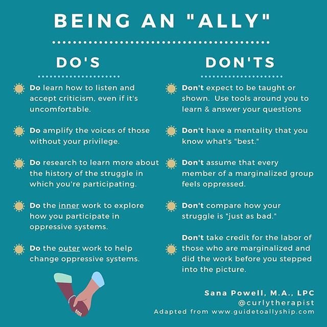 #Repost @curlytherapist ・・・
⁣☀Allyship Do&rsquo;s &amp; Don&rsquo;ts⠀
⠀
As White people and non-Black POCs, we must be thoughtful about *how* we ally with the Black community. ⠀
⠀
&ldquo;Black people do not need allies. We need people to stand up and