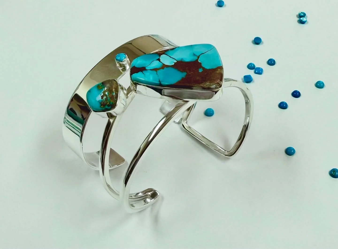 One-of-a-kind beauty 🦋 This handcrafted Lilly Barrack bracelet features stunning Sierra Nevada turquoise &mdash; known for its striking blues &amp; earthy matrix. Come by the shore to see it in person before it&rsquo;s gone!