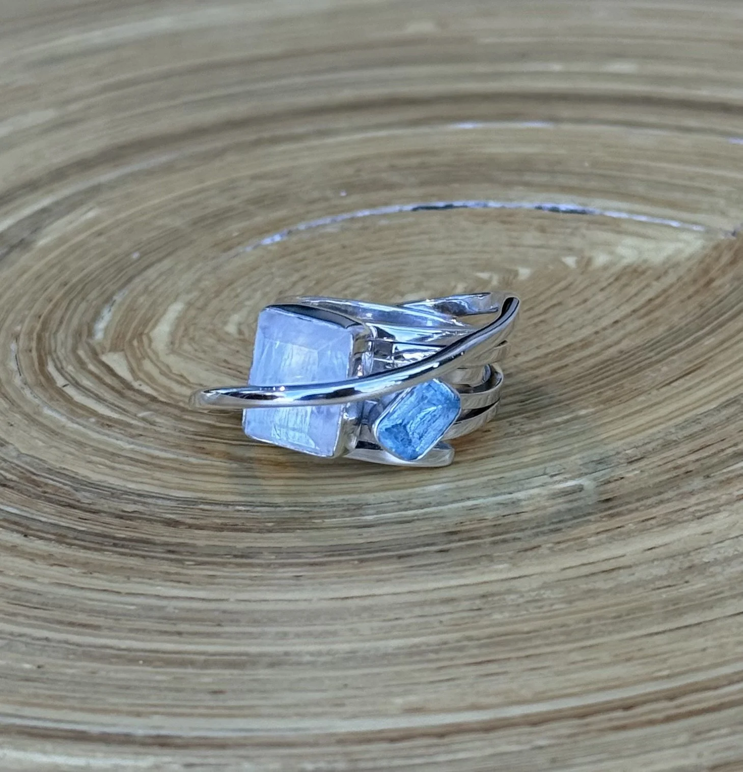 R170 Rainbow Moonstone & Aquamarine Ring