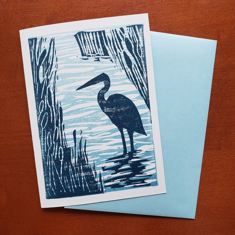 Great Blue Heron Linoleum Block Print