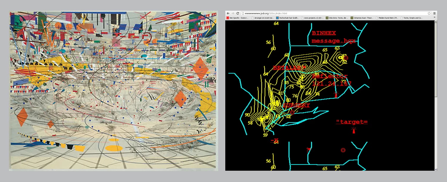 Figure 10, left: Julie Mehretu: Stadia II. Figure 11, right: Screenshot from http://wwwwwwwww.jodi.org/