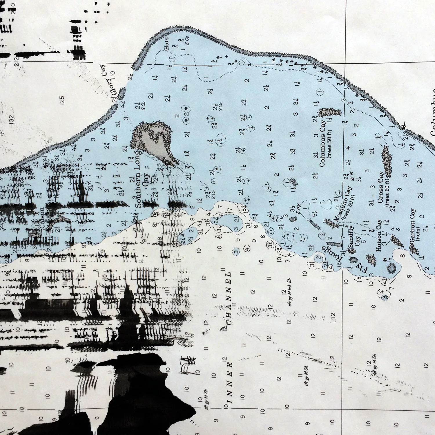 Rosaire Appel | Detail from Sound Effects | 2018 | ink on nautical chart | 22.5 x 42 inches | Credit: courtesy of the artist