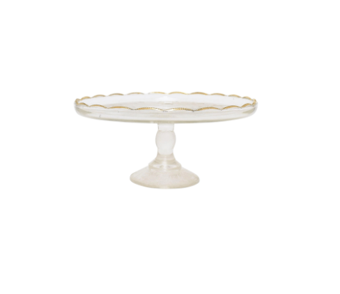 glass cake stand with gold rim