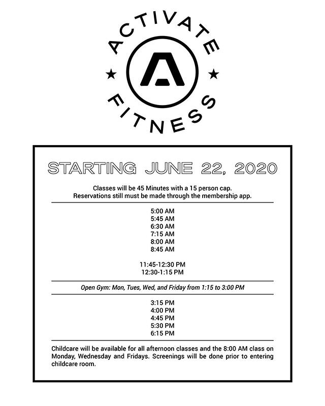 Re-uploading the new schedule that will start next Monday, June 22. Please draw your attention to the afternoon classes since that&rsquo;s where changes were made.

#activateyourfitness #activatefitness #fortsmith #family #community #strongisbeautifu