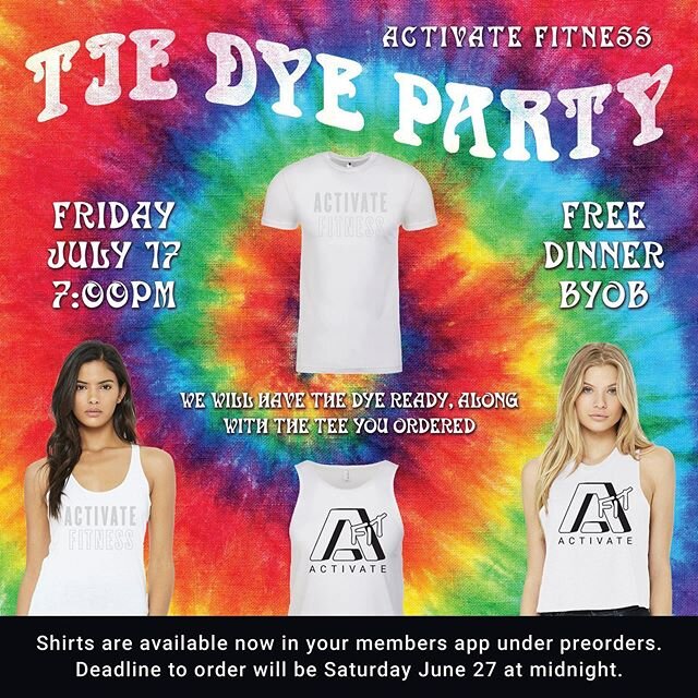 🔴🟣🔵🟢🟡🟠⁣
TIE DYE PARTY⁣
⁣
Preorder your shirt now! ⁣
⁣
Details on the post. Let us know if you have any other questions. ⁣
⁣
#tiedye #activatefitness #activateyourfitness #family #community #strongisbeautiful